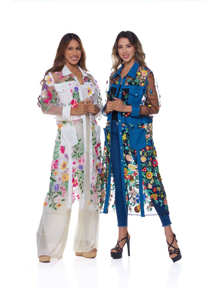 White DIN-001 DIVINE FLORAL DUSTER JACKET for wholesale on Faire2