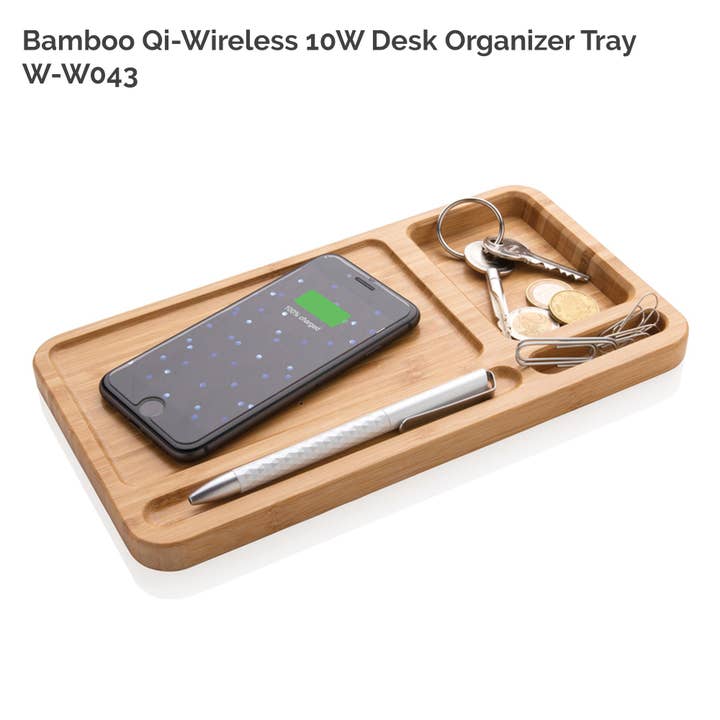 WUDN Handcrafted - Wholesale Desk Organizer - Solid Bamboo Desktop Organizer Tray with Wireless Charger (BLACKFOOT)