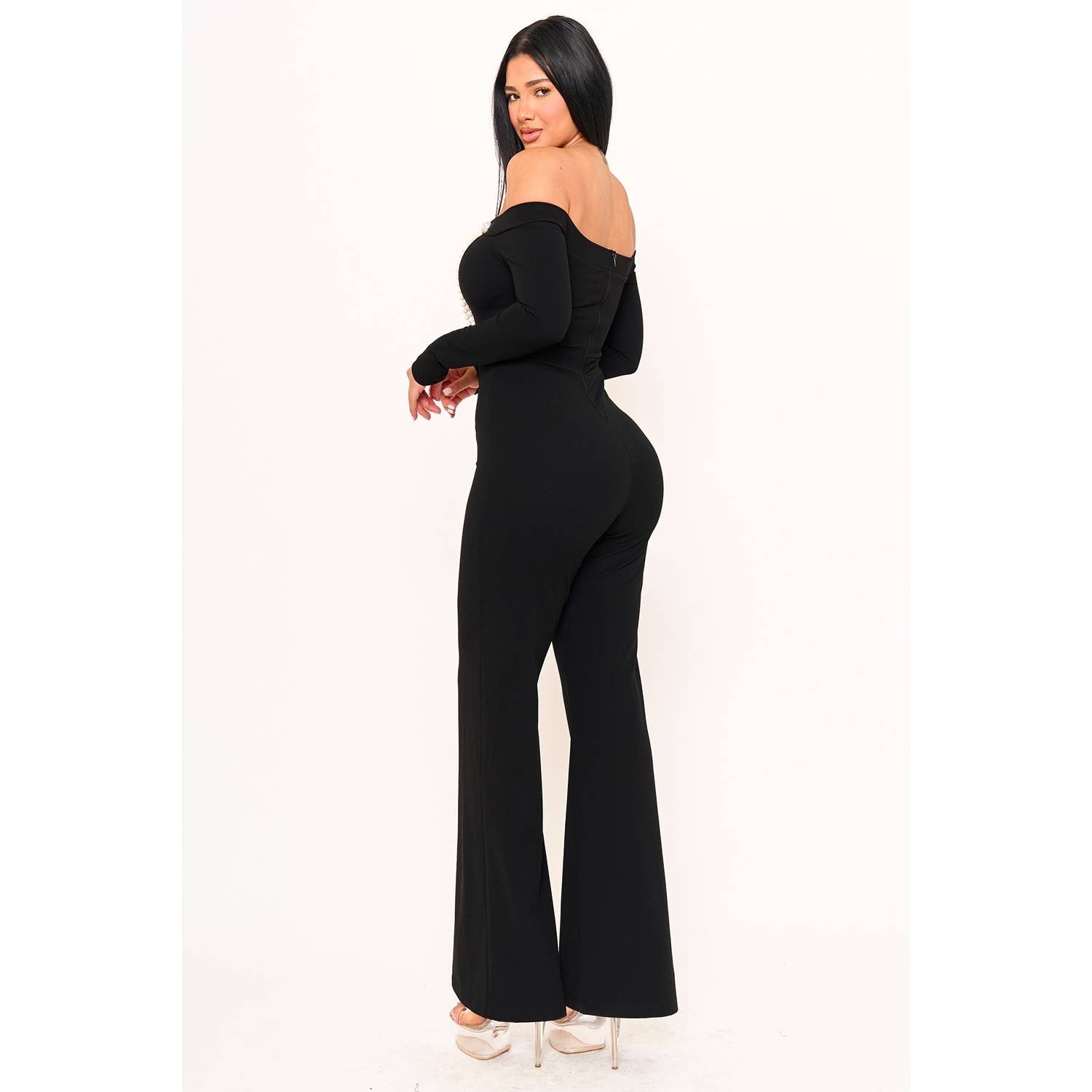 BLACK Off The Shoulder Contrast Trim Jumpsuit for wholesale on Faire5