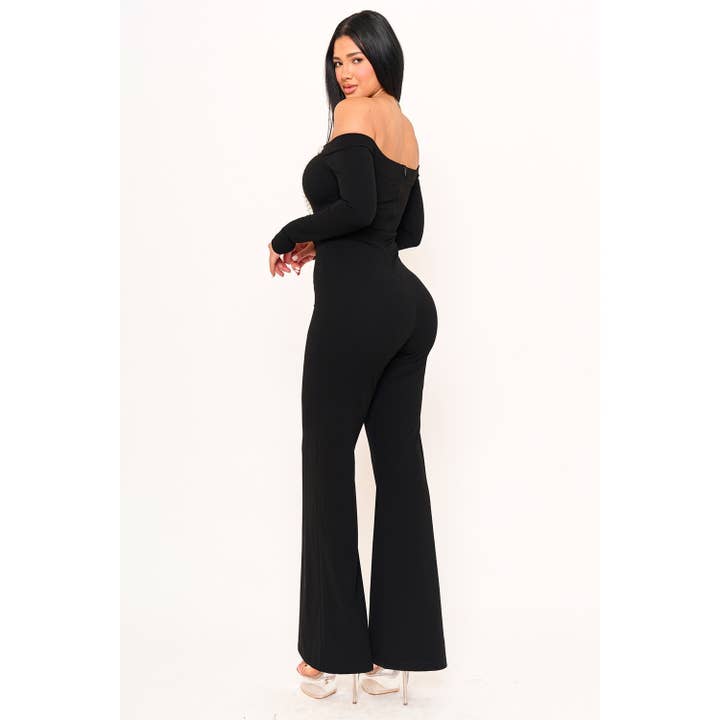 BLACK Off The Shoulder Contrast Trim Jumpsuit for wholesale on Faire5