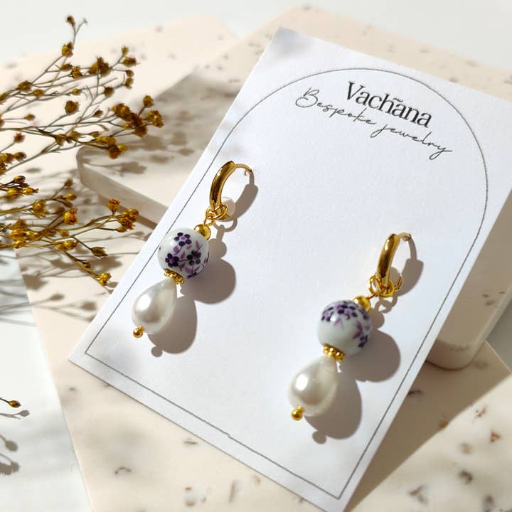 Purple Chinese ceramic pearl teardrop dangle hoop earrings for wholesale by Vachana