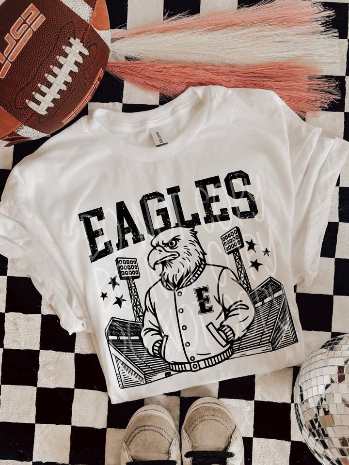 Red Dirt Transfers - Wholesale T-Shirt (Graphic) - Unisex - Eagles Letterman Mascot T-Shirt | Trendy School Spirit Shirt | Fast Shipping | Super Soft Shirts for Men/Women/Kid's0