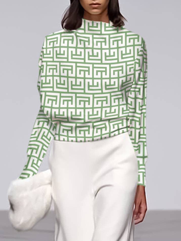BLACK Long Sleeves Loose Geometric Printed Stand Collar T-Shirts Tops for wholesale on Faire