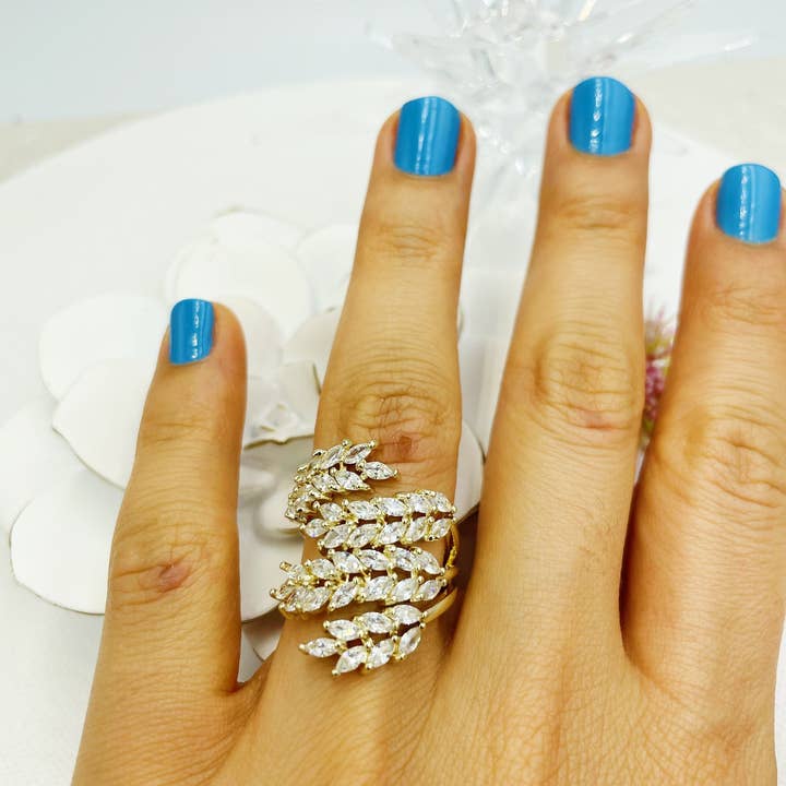 Leaf Design Zirconia Adjustable Ring for wholesale by Cherie by Cherie