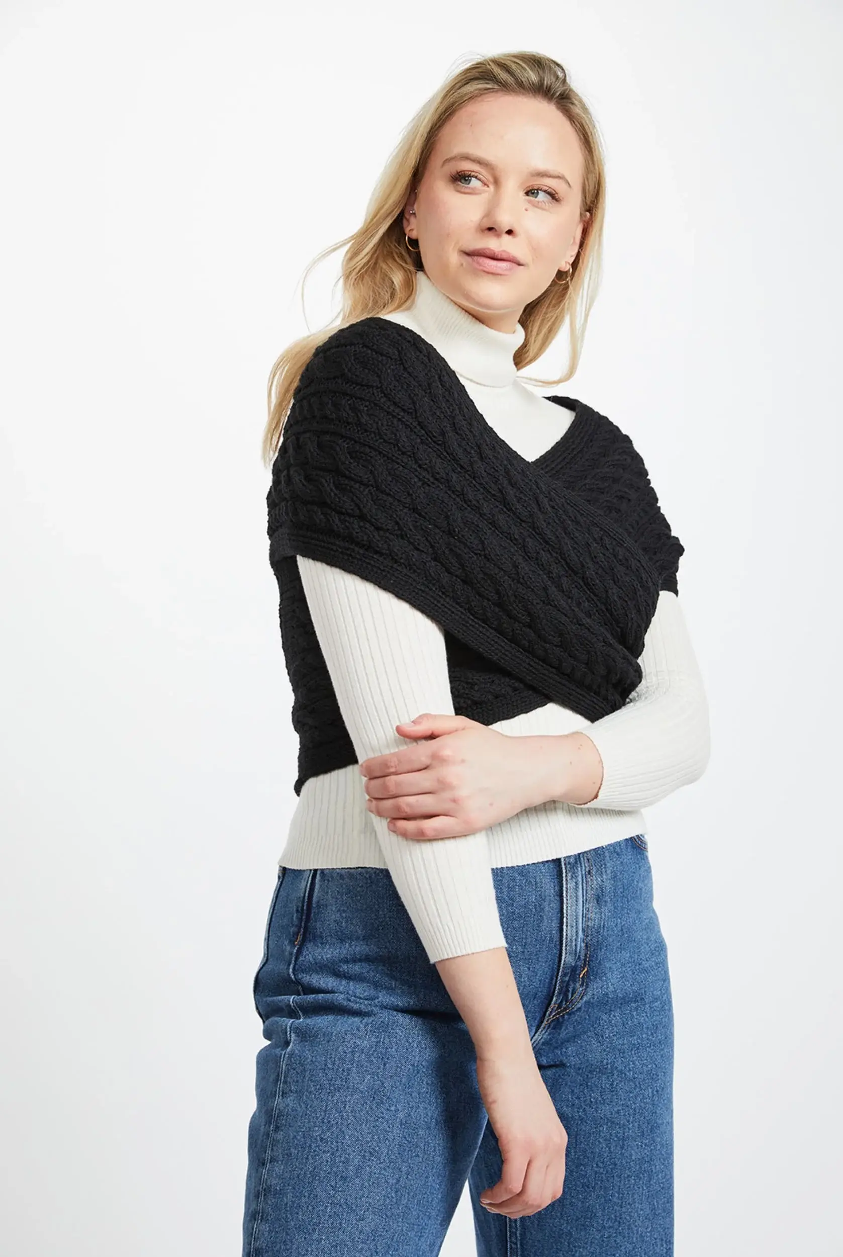 Aran Woollen Mills - Wholesale Wrap - Women's - Corrib Crossover Aran Wrap -  Black3