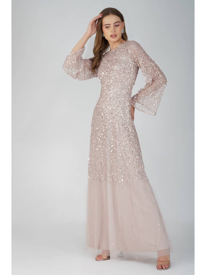 Diane Long Sleeve Embellished Maxi Dress in Mink for wholesale on Faire