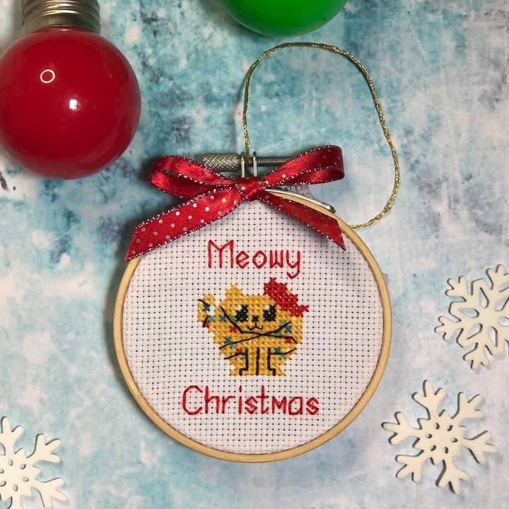 Meowy Christmas Beginner Cross Stitch Kit With Pun for wholesale by Craftysmith