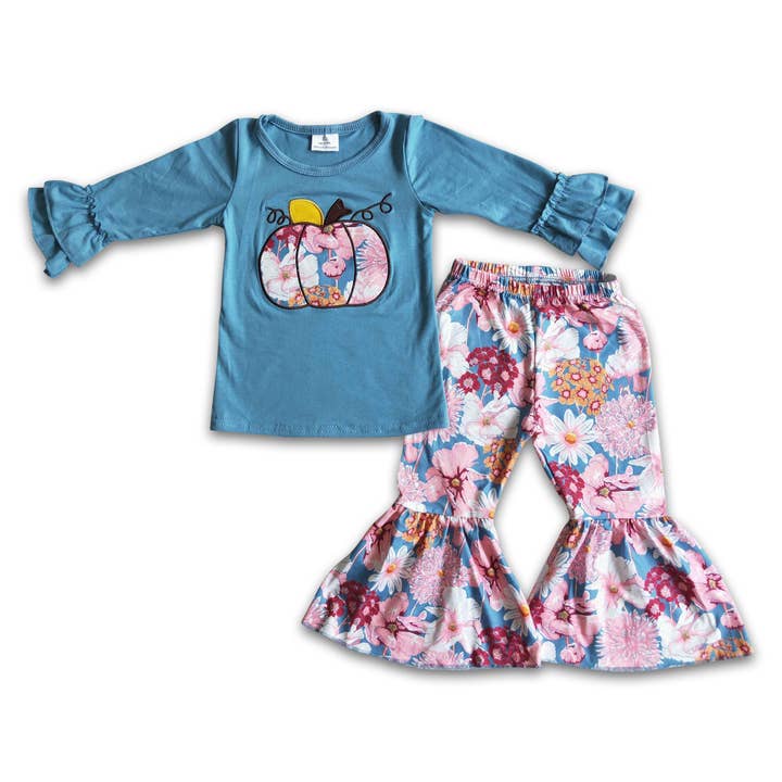 Cotton shirt pumpkin embroidery pants girls outfits for wholesale by Yawoo Garments