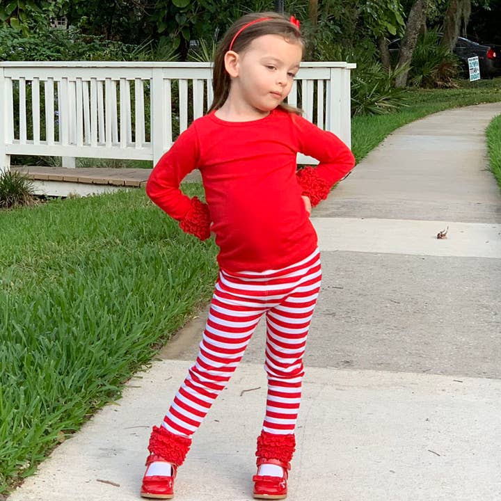 AnnLoren – Großhandel Fashion-Leggings – Kinder – AnnLoren Leggings mit Rüschenärmeln für Mädchen, rot gestreift1