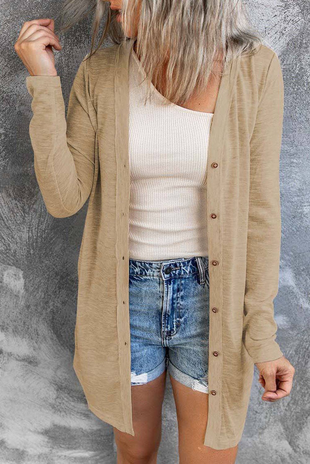Suhkasana - Vendita all'ingrosso Cardigan - Donna - Cardigan con bottoni aperti sul davanti tinta unita beige2