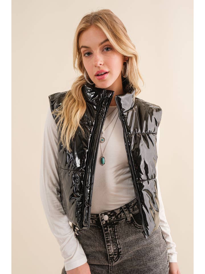 Blue B - Wholesale Outerwear Vest - Women's - 22656J - Gloss Shiny PU Quilted Puffer Zip Up Crop Vest21
