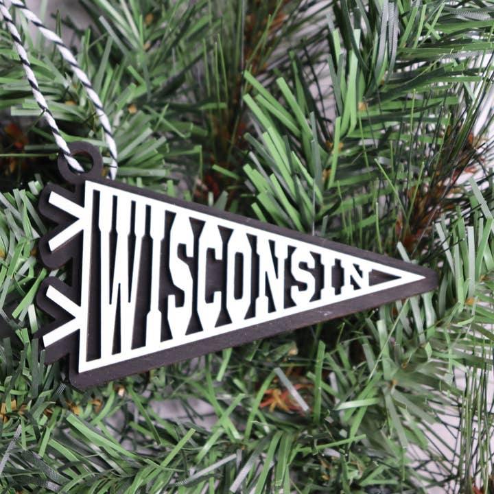 Wisconsin Pennant Layered Wood Christmas Ornament for wholesale by The Trendy Traveler
