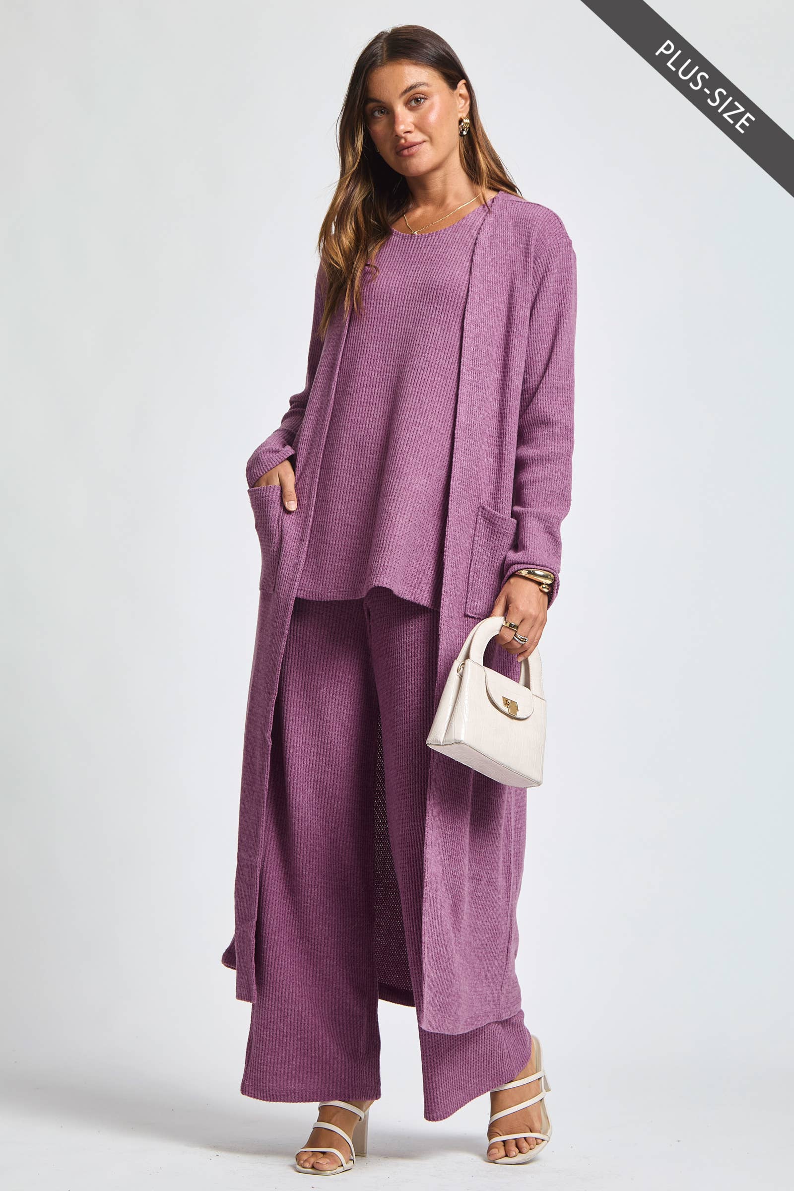 Dear Scarlett - Wholesale Lounge Set - Women's - PLUS SIZE Thermal Sleeveless Tank + Cardigan + Relaxed Pants0