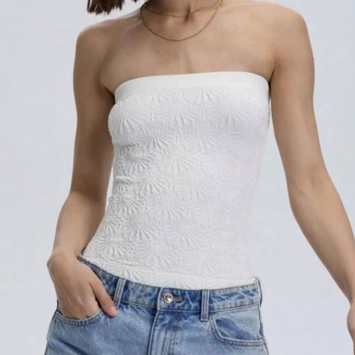 Rosa Clothing - Wholesale Tank Top - Women's - Viral trendy Floral Jacquard strapless fitted tube top