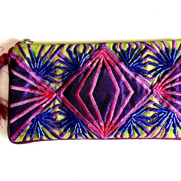 Cartera bordada con cuentas de semillas Arlequín Rosa Lima ESPECIAL $9 para venta al por mayor de Erik & Mike