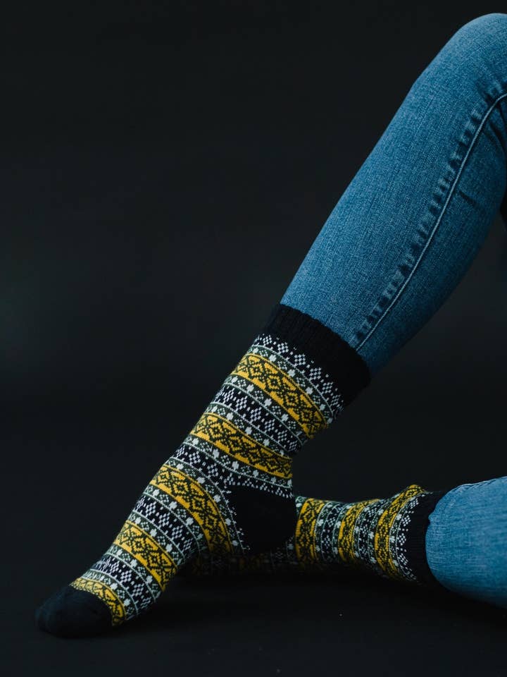 Panache Apparel Co. - Wholesale Socks - Women's - Dk Navy, Yellow & Olive Pattern Socks