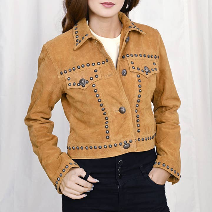 ADJKT043 Women's Cropped Tan Genuine suede Western Jacket with Concho Stud Accents for wholesale by LS Western