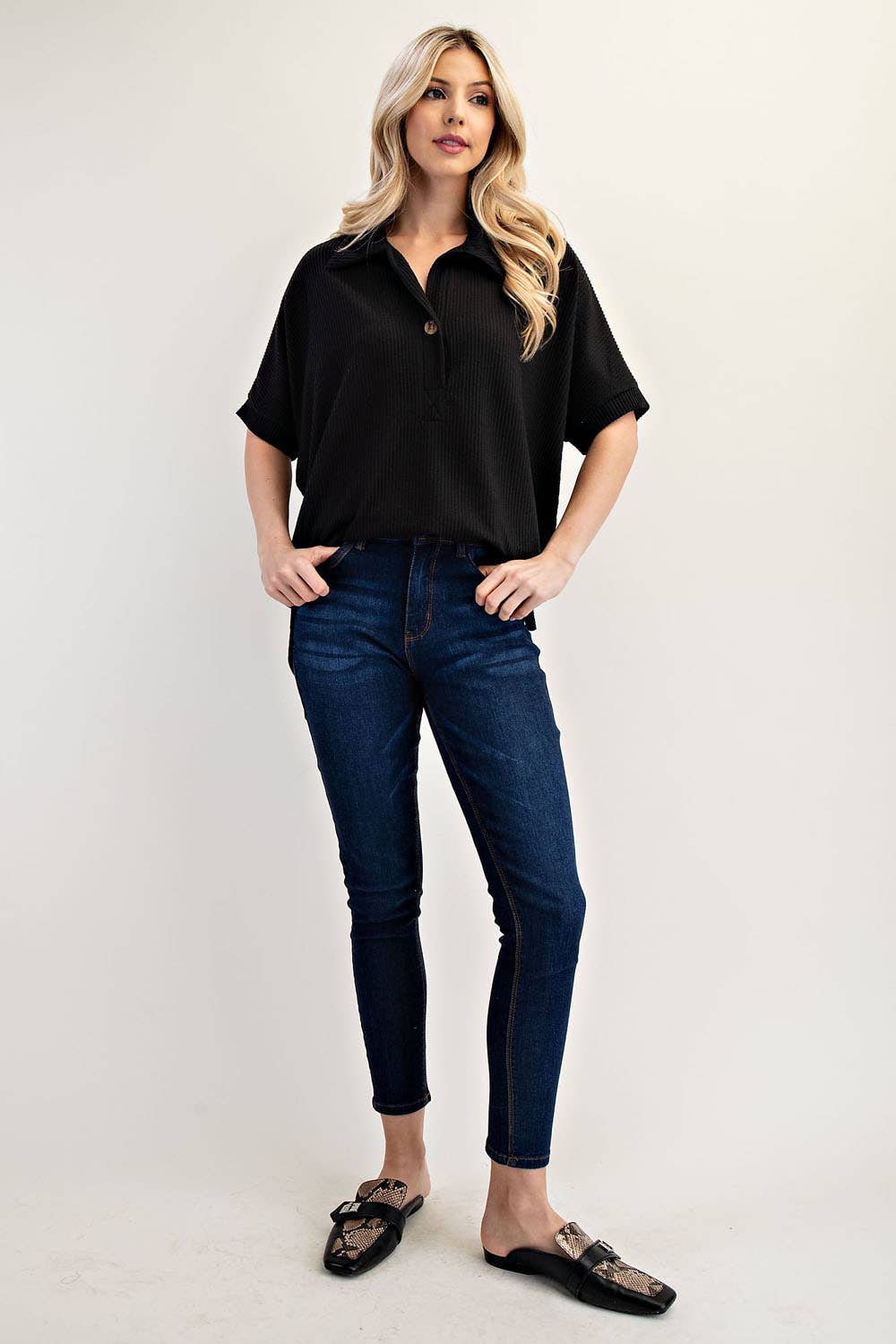 Celeste Clothing - Wholesale Knit Top - Women's - PLUS SIZE RIB KNIT COLLARED TOP WITH SHORT SLEEVES -CT2391342