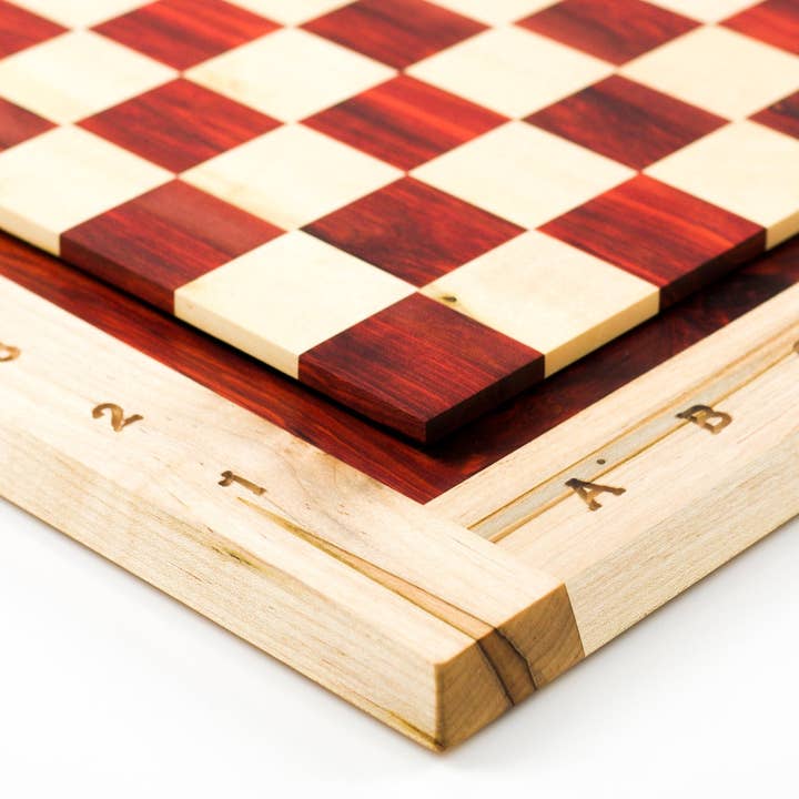 American Holly & Padauk Chessboard w/ Ambrosia Maple Base for wholesale by badboyboards