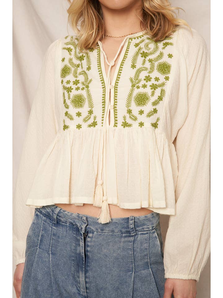 En Crème - Wholesale Blouse - Women's - Long Sleeve Peplum Top with Embroidery Detail14