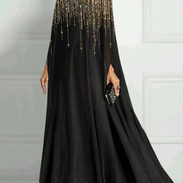 Long Sleeves Loose Rhinestone Round-Neck Maxi Dresses for wholesale by Plush Looks