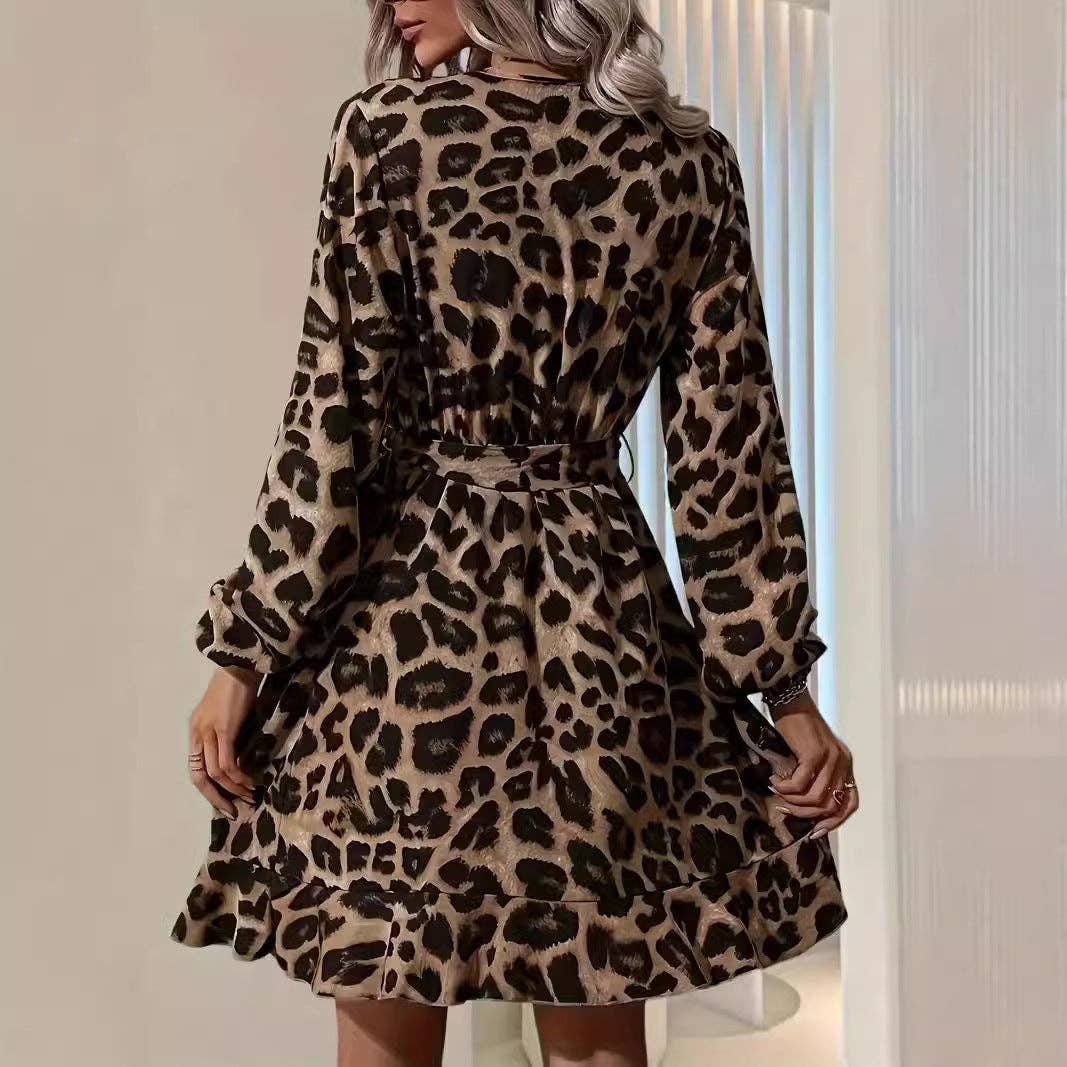 Masyal – wholesale Klänning - Dam – Leopardmönstrad V-ringad Asymmetrisk Klänning med Hög Midja för Kvinnor3