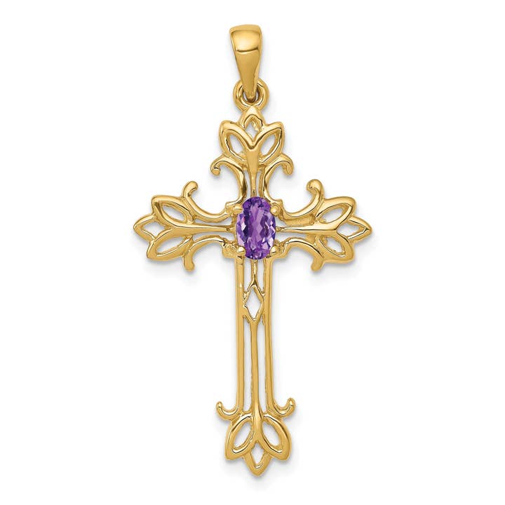 Pendentif Croix en Améthyste Naturelle en Or Jaune 10K pour la vente par FCJ Jewelry LLC