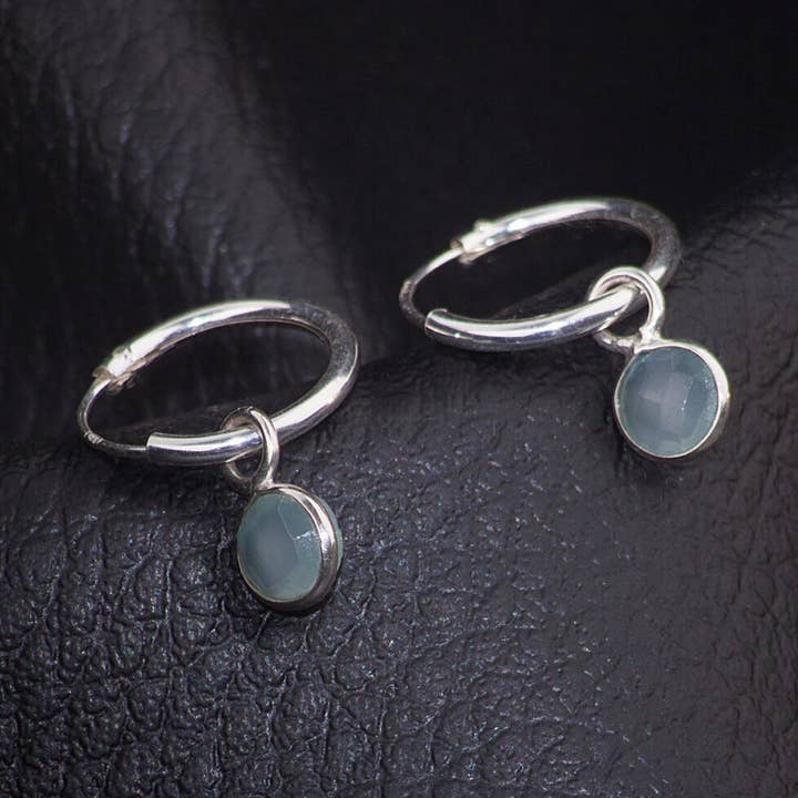 Birthstone Hoop Earrings with Aqua Chalcedony Charm Silver for wholesale by The Jewellery Store London