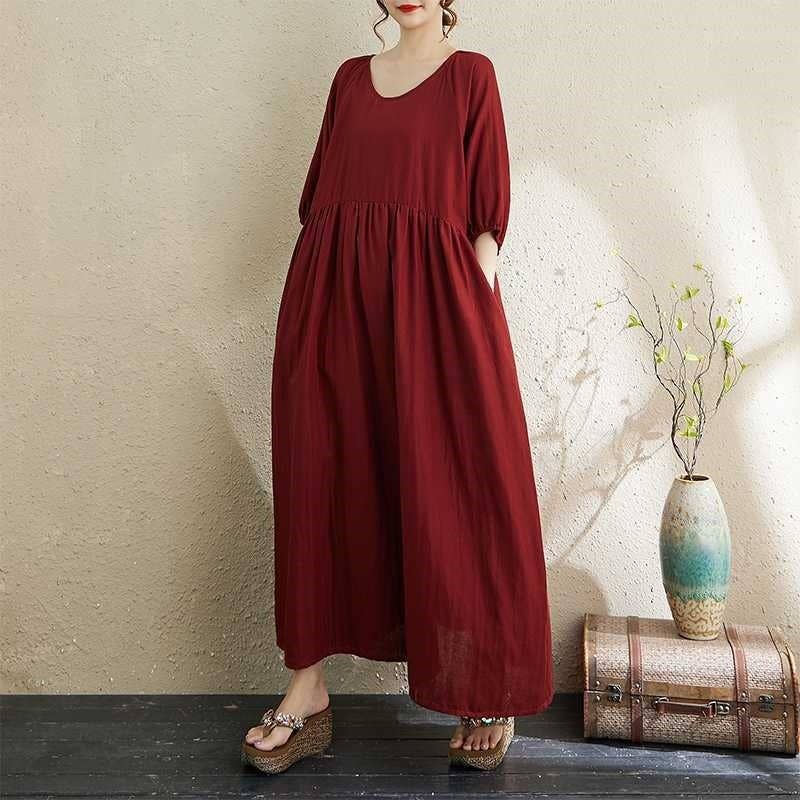 kycozy - Wholesale Dress - Women's - Double Gauze Round Neck Lantern Sleeve Loose Dress1