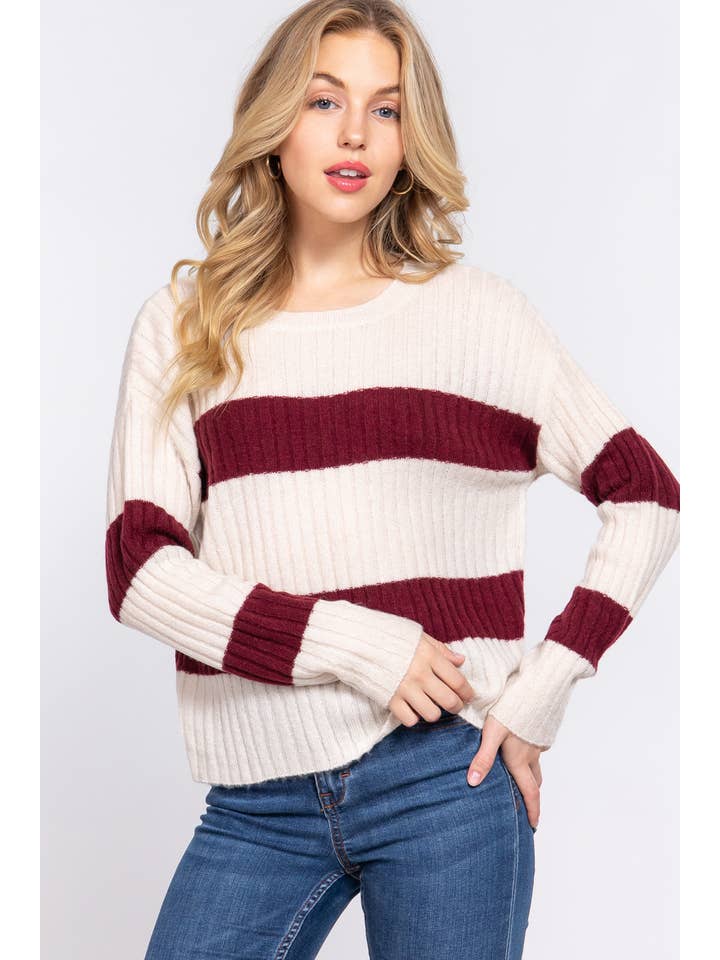 42POPS - Wholesale Knit Sweater - Women's - ' Round Neck Stripe Sweater