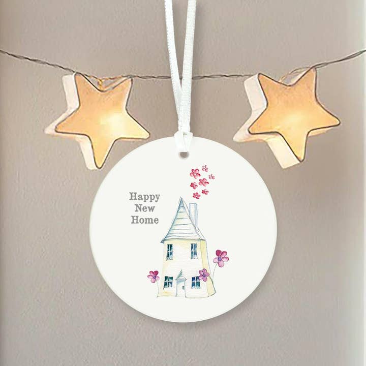 Ceramic Hanging Decoration - Fairy House Ornament With Satin Ribbon & Organza Bag Gift for wholesale by Crumble & Core
