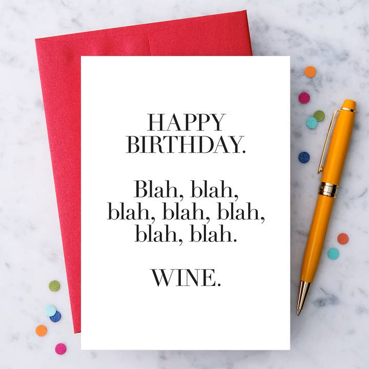 Design With Heart - Venta al por mayor Tarjetas de cumpleaños - HB39 - «Feliz Cumpleaños. Bla, bla, bla. Vino».