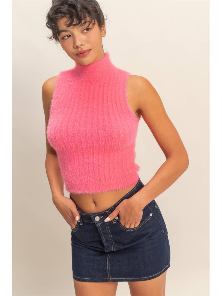 Ribbed Sleeveless High Neck Knit Top for wholesale by HYFVE