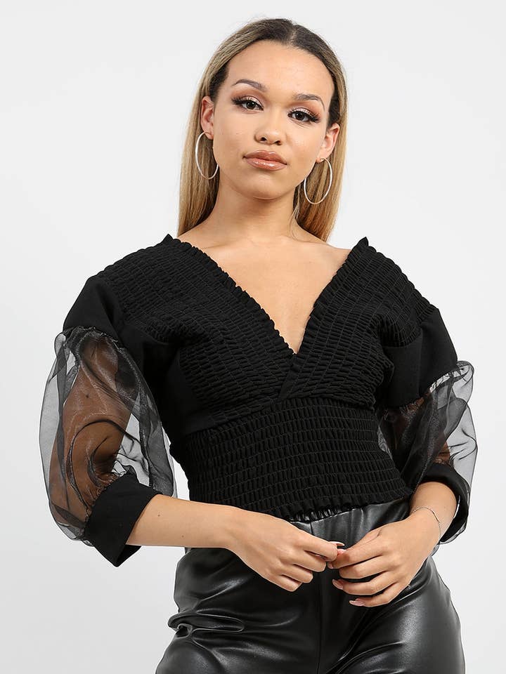 Shirred Organza Sleeve Plunge Top for wholesale by Stylewise Direct