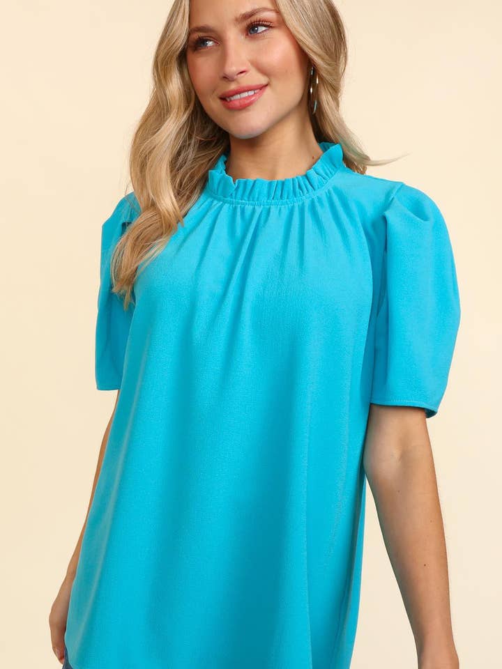 Promenade - Wholesale Blouse - Women's - Blue Pleated Woven Top with Back Neck Button