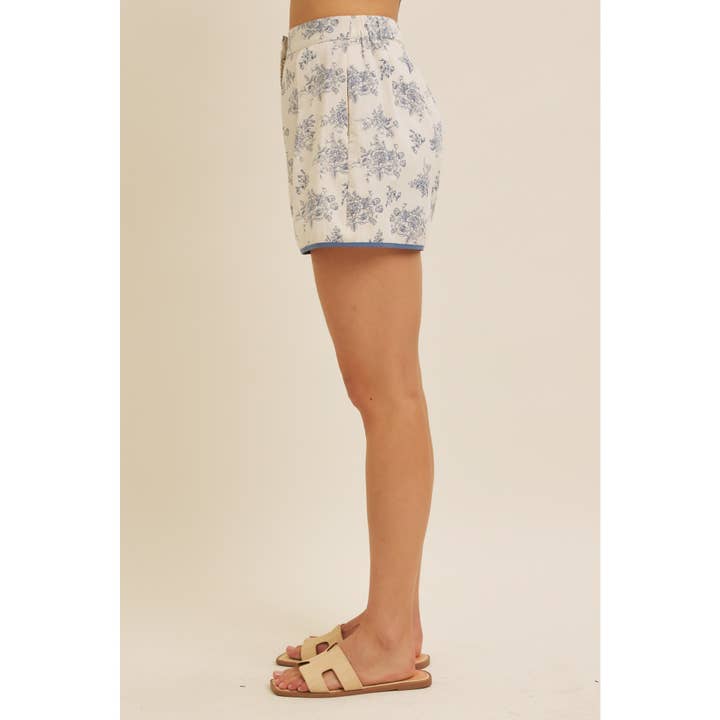 in february - Wholesale Shorts - Women's - FLORAL PRINT COTTON LINEN SHORTS WITH CONTRAST HEM