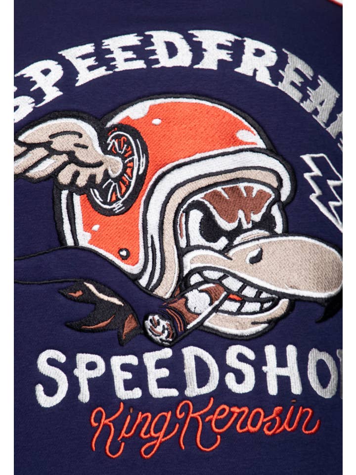 donkerblauw Collegejas 'Speedfreak' met racevibes voor groothandel op Faire5