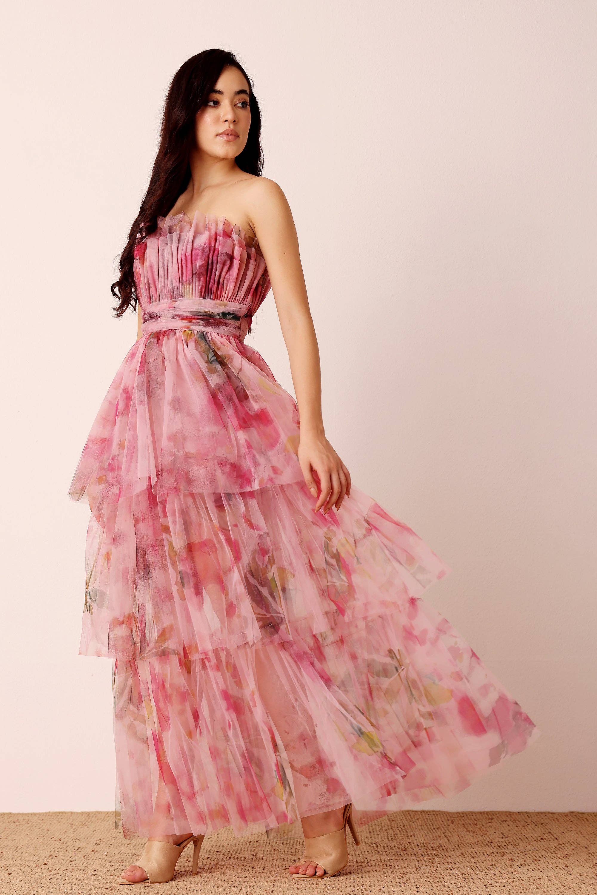 Natalia Tulle Maxi Dress in Vivid Pink Purple Floral for wholesale on Faire4