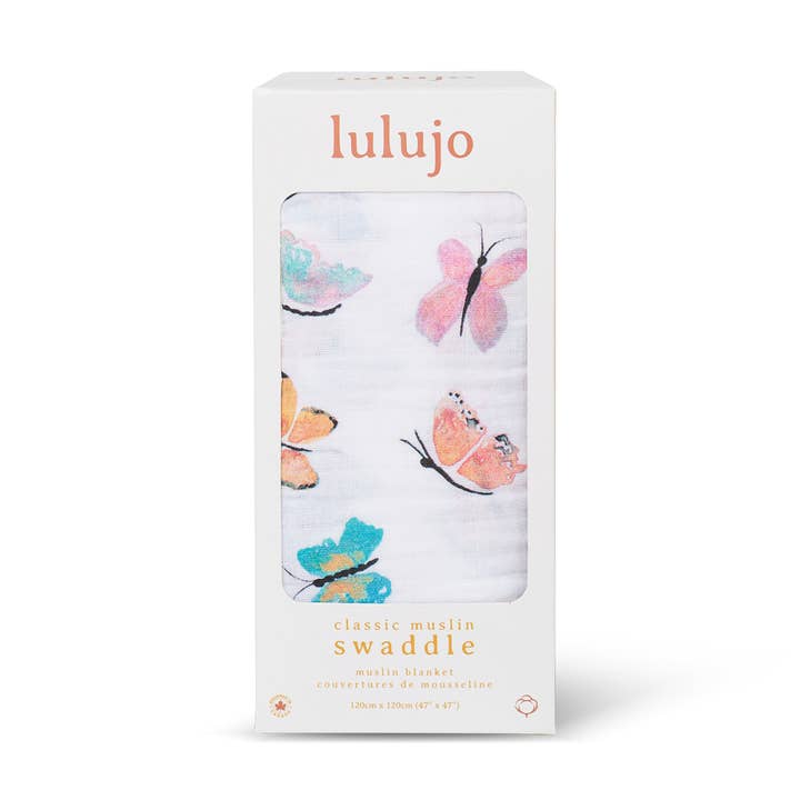 Musselin Svøbetæppe – Sommerfugle (47" x 47") for engroshandel hos Lulujo Baby