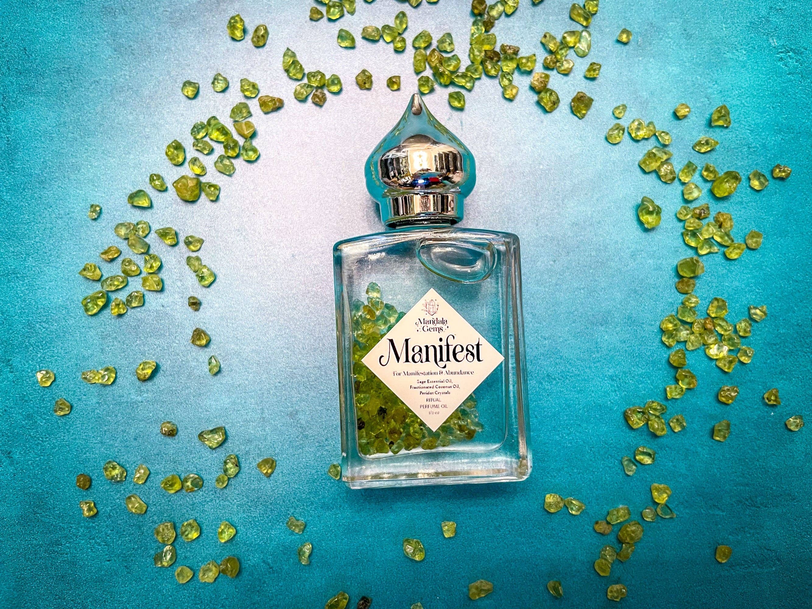 Mandala Gems – Engroshandel Duftolie – MANIFEST parfumeolie til MANIFESTATION med peridot + salvie æterisk olie5