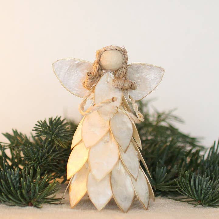 5" Layered Capiz Leaf Angel Ornament (Ecru/Gold) for wholesale by Dekorasyon Gifts Decor