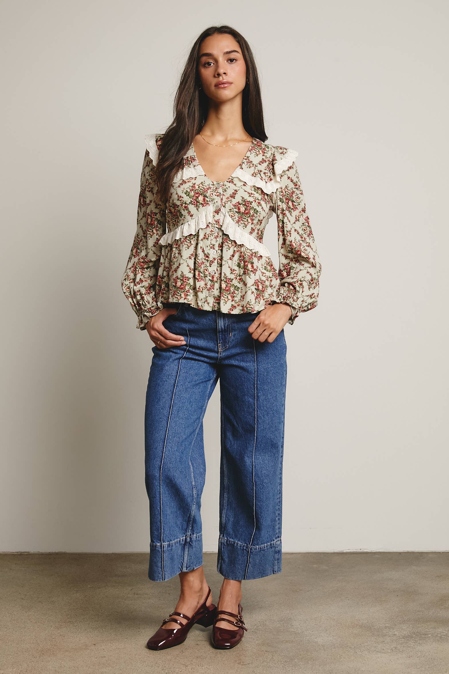 Forte - Wholesale Blouse – Women’s - Eyelet Ruffle Floral Peplum Blouse FT001217