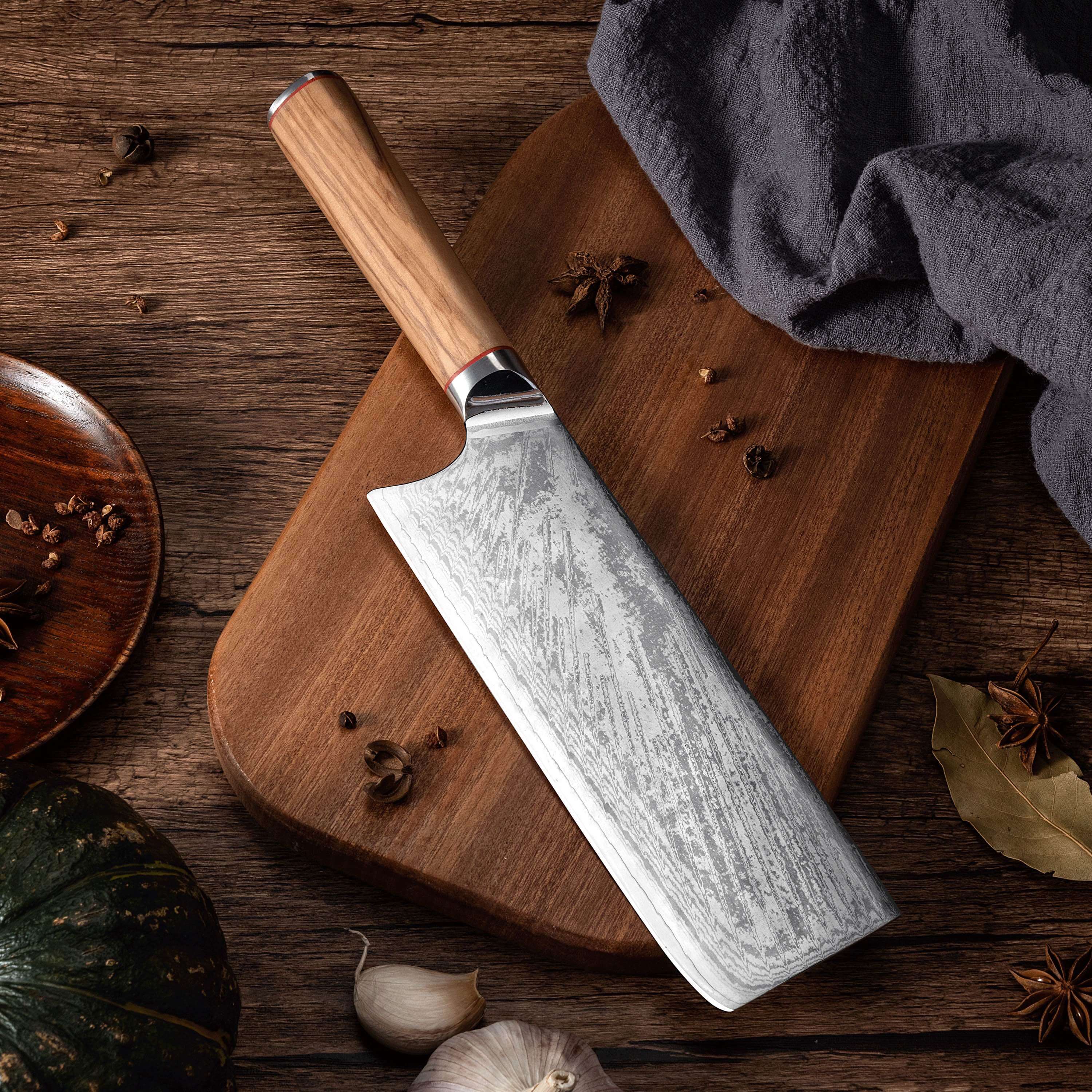 Ginza Steel - Wholesale Kitchen/Utility Knife - MIA X | Cleaver Knife 7" Damascus AUS10 Steel 67 Layer / Olive Wood handle5