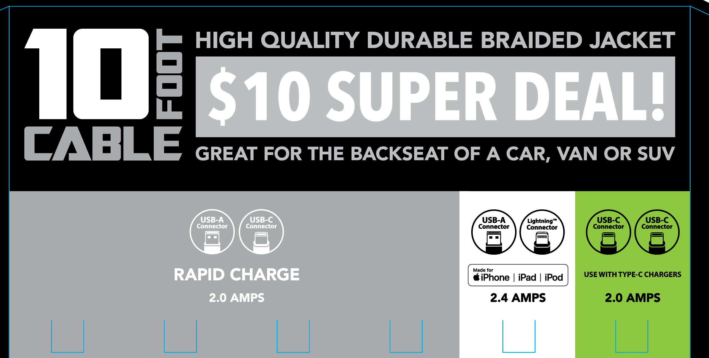 Novelty Brands - Wholesale Charging Cable - 10 ft Charging Cable Assortment Floor Display- 24/Display5