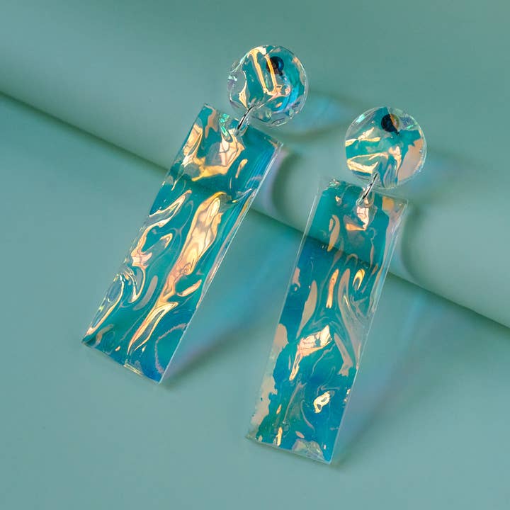 Electric Blue Iridescent Bar Dangle Earrings for wholesale by BAT/DOG Jewelry Design