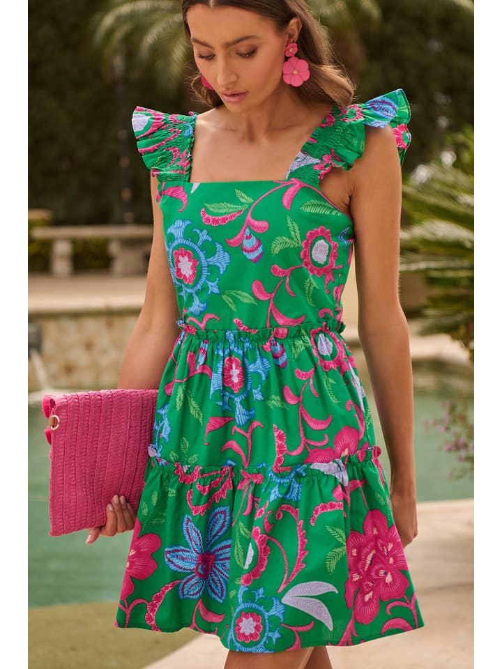 BLUE PINK MULTI Cabina Floral Ruffle Tiered Mini Dress for wholesale on Faire