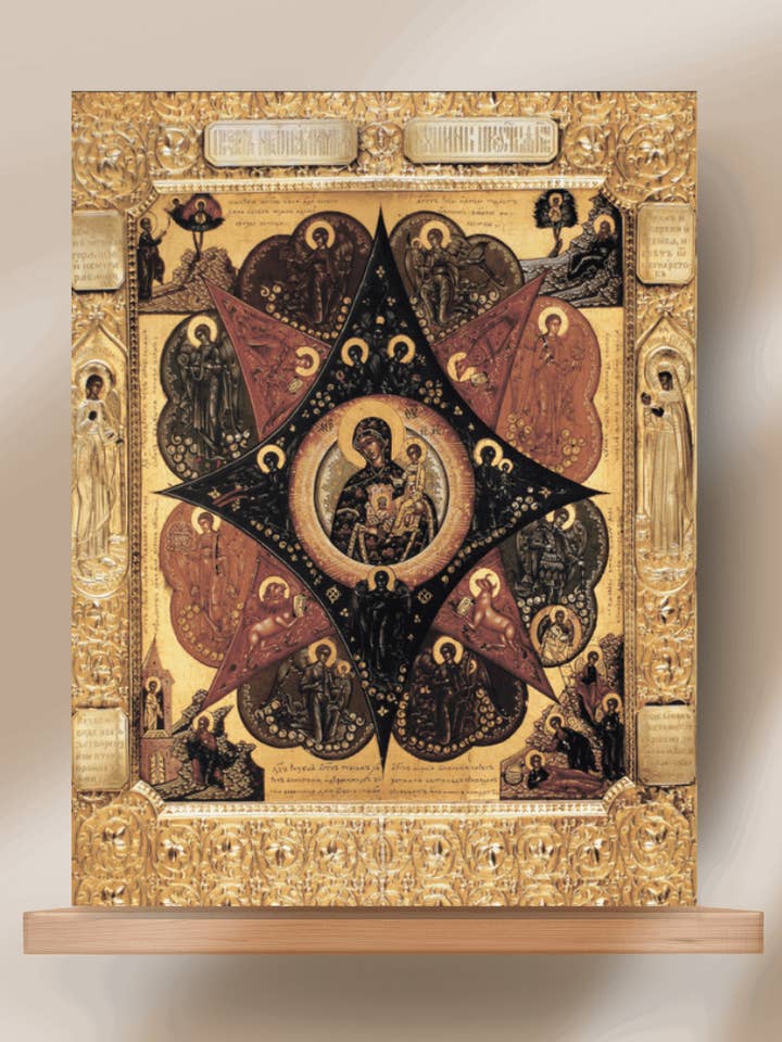 Gudsmoderns ikon "Den obrännbara busken" Ortodox brandskyddsikon Handgjord väggkonst i trä Theotokos med änglar och evangelister för wholesale av Iconsofsaints