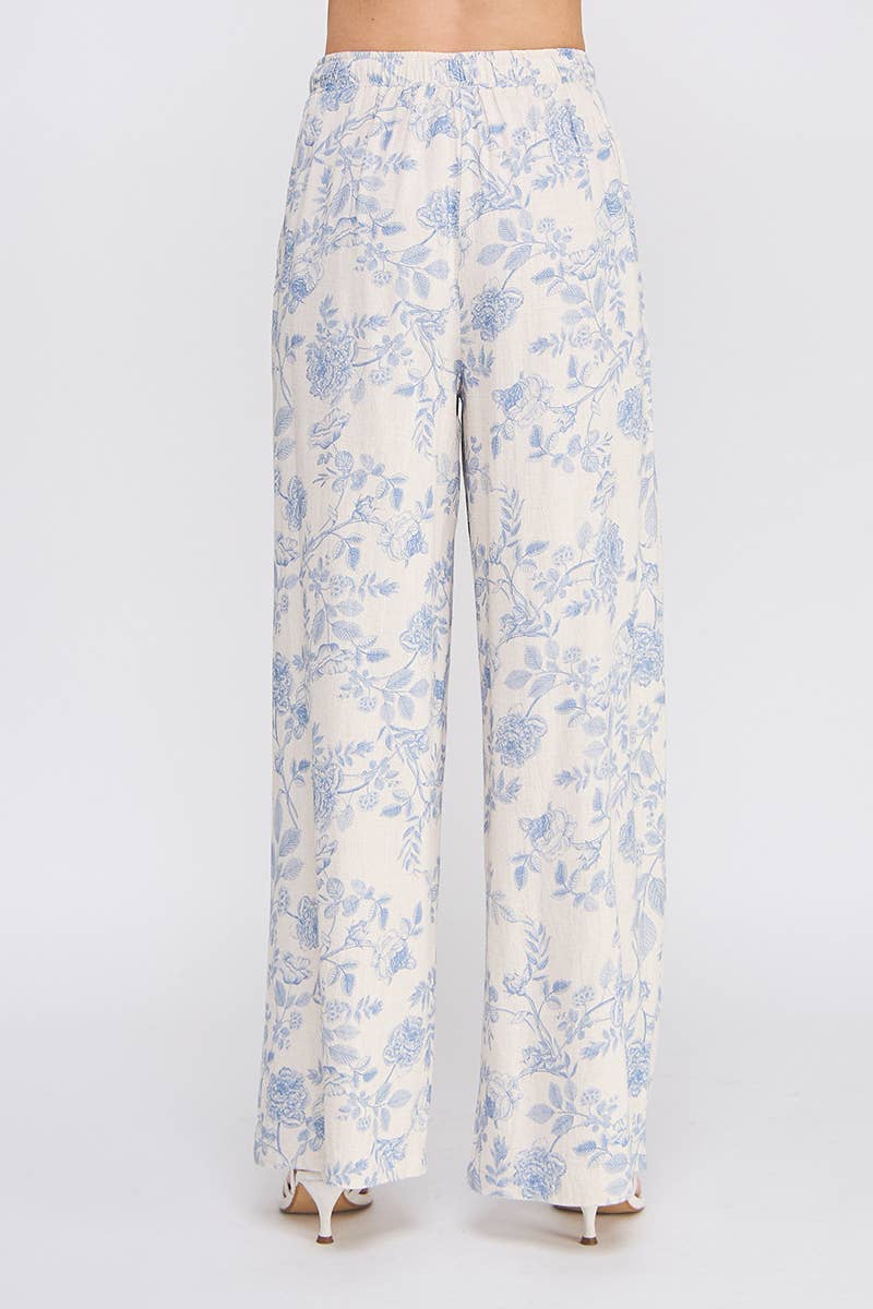 Fleur Bleue Pantalon large imprimé en lin doux avec ceinture élastique à nouer en vente sur Faire2