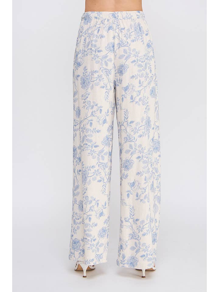Fleur Bleue Pantalon large imprimé en lin doux avec ceinture élastique à nouer en vente sur Faire2