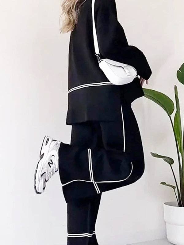 VividLux - Wholesale Top & pants set (NOT Loungewear) – Women's - High-Low Contrast Color Split-Side Round-Neck Sweater Top + High Waisted Pants Bottom Two Pieces Set5